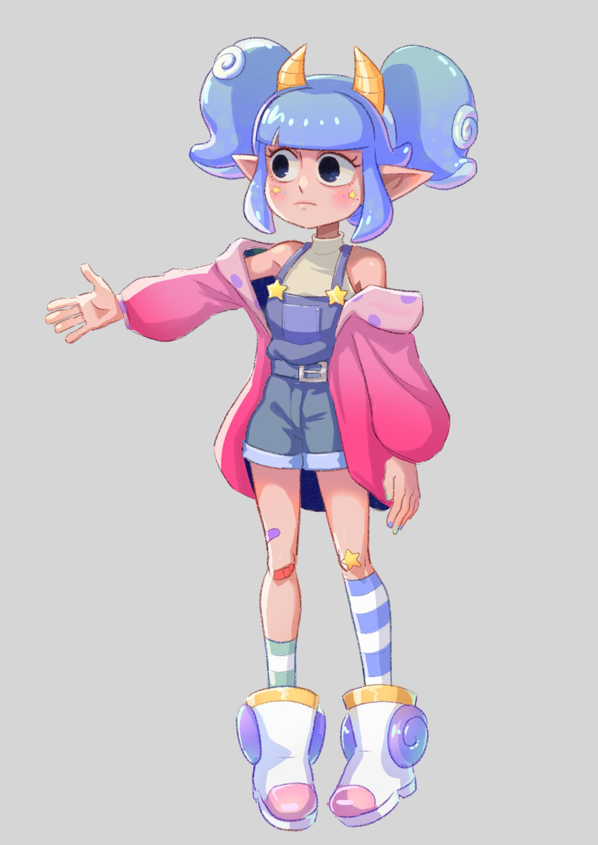 1girl, absurdres, asymmetrical_legwear, bandaid, bandaid_on_leg, bangs, belt, black_eyes, blue_belt, blue_eyes, blue_hair, blue_legwear, blue_overalls, blue_shorts, blunt_bangs, concept_art, english_commentary, freckles, frown, full_body, giwi, gradient_eyes, green_legwear, grey_background, hackerling, high_collar, highres, horns, indie_virtual_youtuber, jacket, light_blush, looking_to_the_side, marking_on_cheek, monster_girl, multicolored_clothes, multicolored_eyes, multicolored_legwear, multicolored_nails, nail_polish, official_art, open_clothes, open_hand, open_jacket, outstretched_arm, overalls, pale_skin, pink_jacket, pointy_ears, rubberninja, shirt, shoes, short_twintails, shorts, sidelocks, simple_background, sketch, sleeveless, sleeveless_shirt, socks, solo, star_(symbol), striped, striped_legwear, suction_cups, tentacle_hair, twintails, white_footwear, white_legwear, white_shirt, yellow_horns
