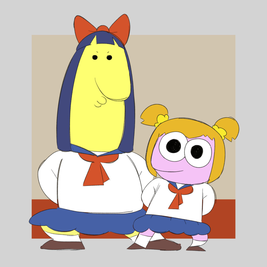 2boys, absurdres, arms_behind_back, bangs, black_eyes, blue_hair, blue_sailor_collar, blue_skirt