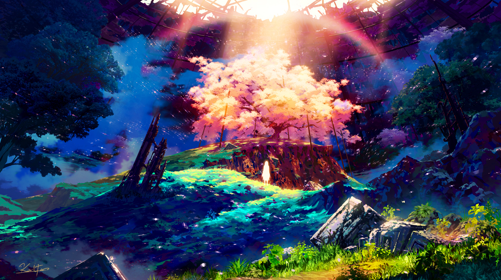 1girl, cherry_blossoms, commentary_request, glowing, grass, hill, kaitan, open_roof_top