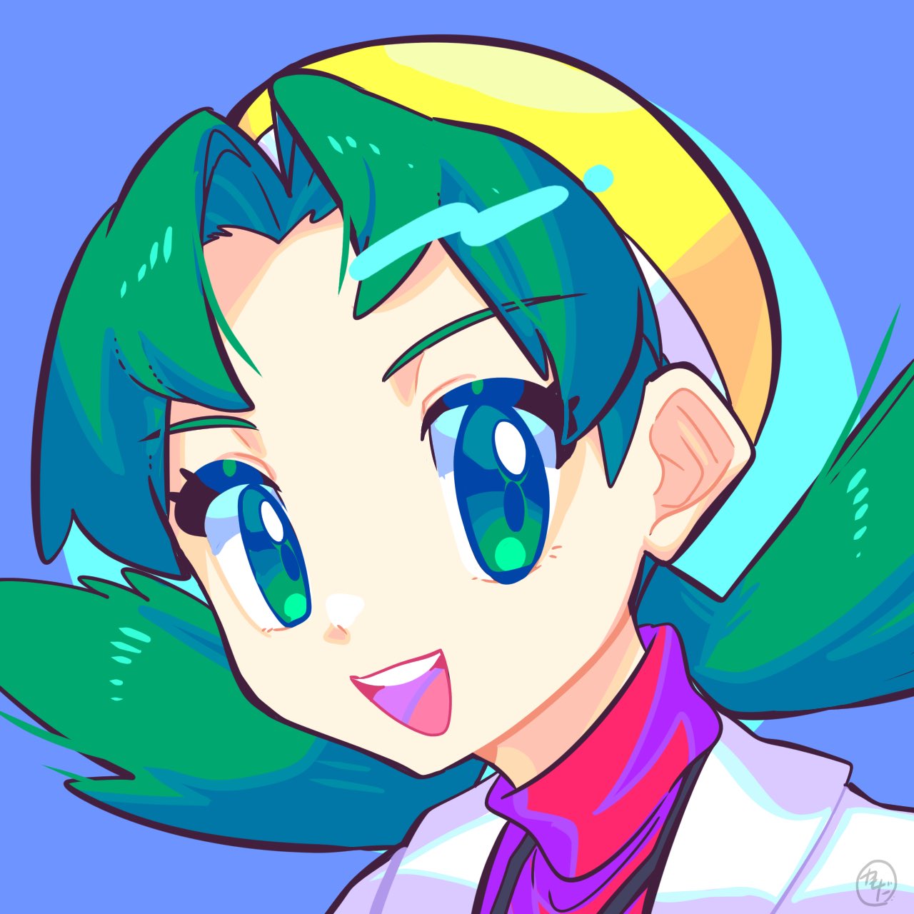 1girl, :d, bangs, blue_background, commentary, eyelashes, green_eyes, green_hair