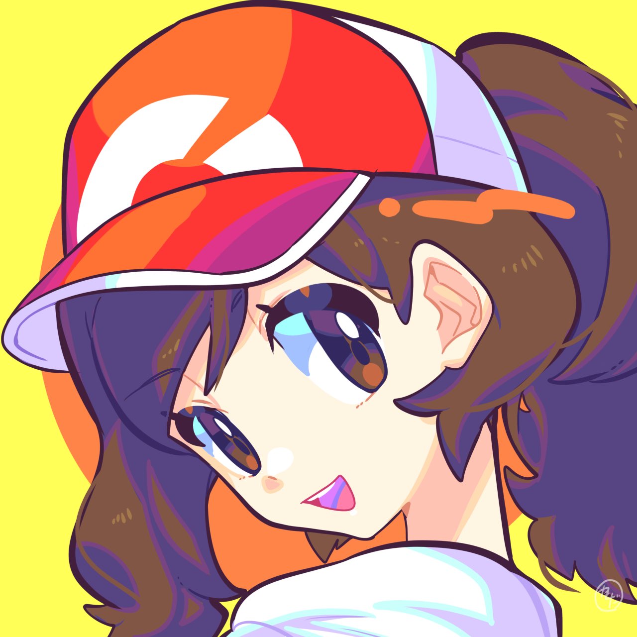 1girl, :d, bangs, brown_hair, commentary, elaine_(pokemon), eyebrows_visible_through_hair, hat