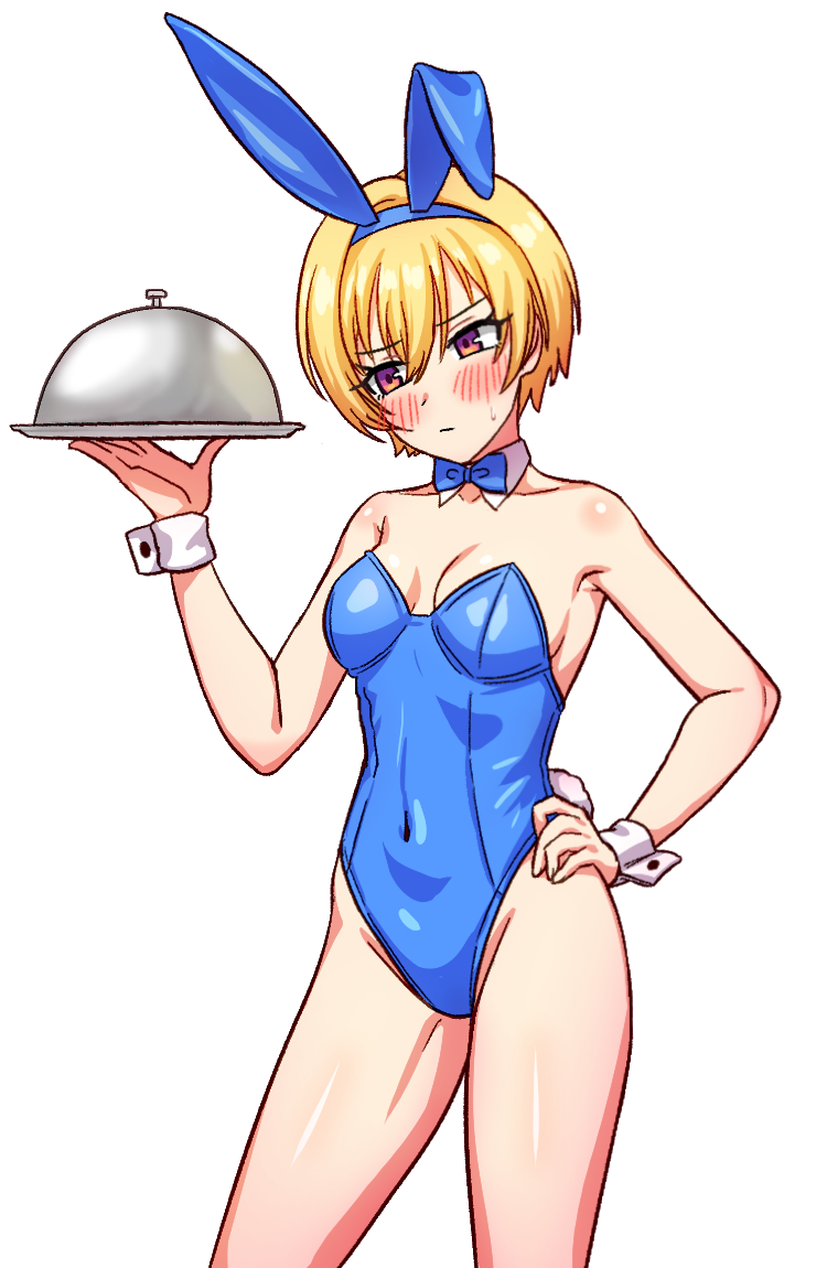 1girl, animal_ears, bare_legs, blonde_hair, blue_bow, blue_bowtie, blue_leotard, bow