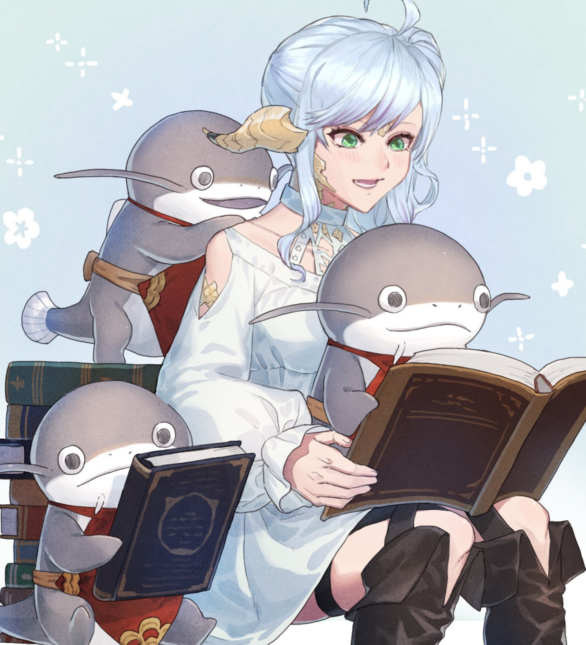 1girl, avatar_(ff14), black_footwear, blue_background, book, book_stack, boots, commentary_request
