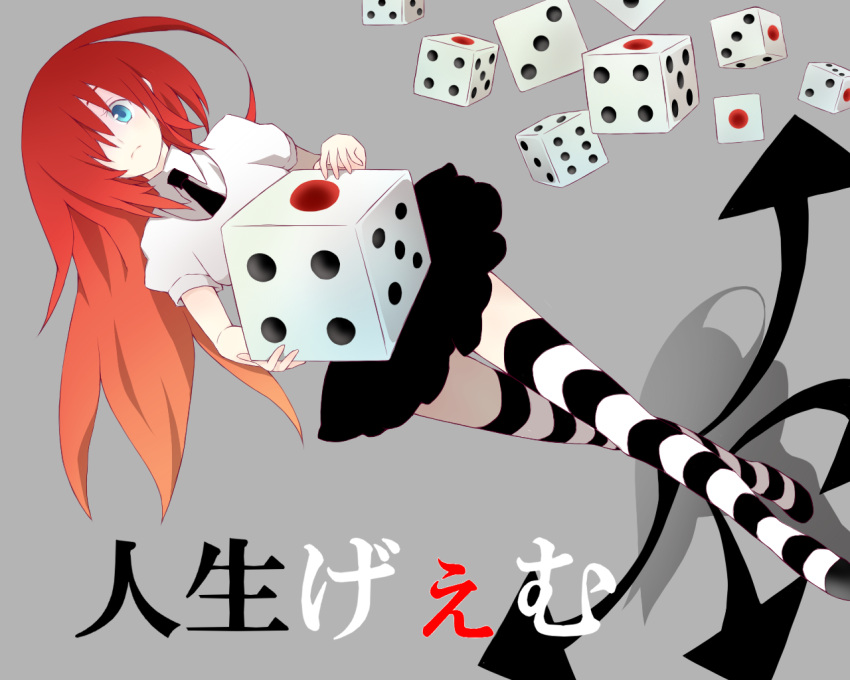 alternate_hair_color, arrow, artist_request, blue_eyes, dice, directional_arrow, gradient_hair, hair_over_one_eye