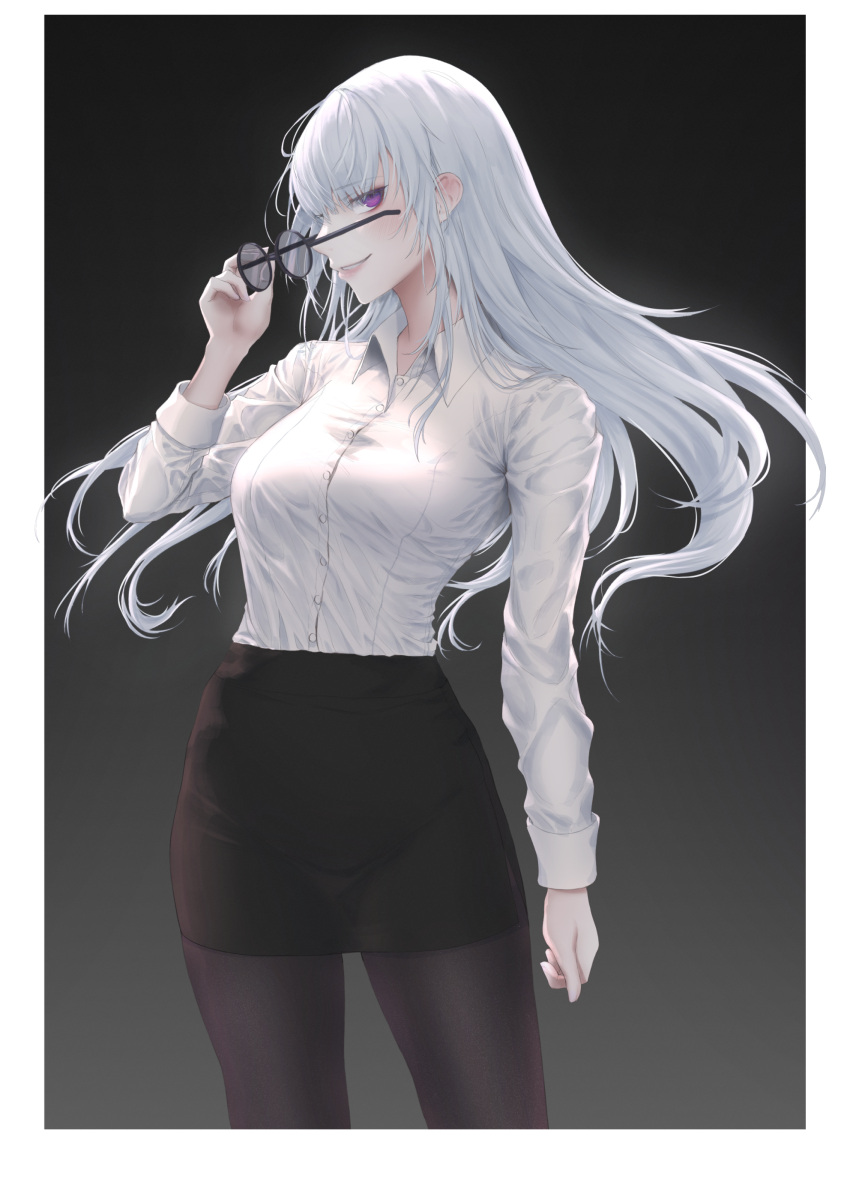 1girl, absurdres, black_legwear, black_skirt, glasses, grin, hayron, highres, long_hair, looking_at_viewer, looking_to_the_side, miniskirt, office_lady, original, pantyhose, pencil_skirt, removing_eyewear, round_eyewear, shirt, silver_hair, skirt, smile, solo, violet_eyes, white_shirt