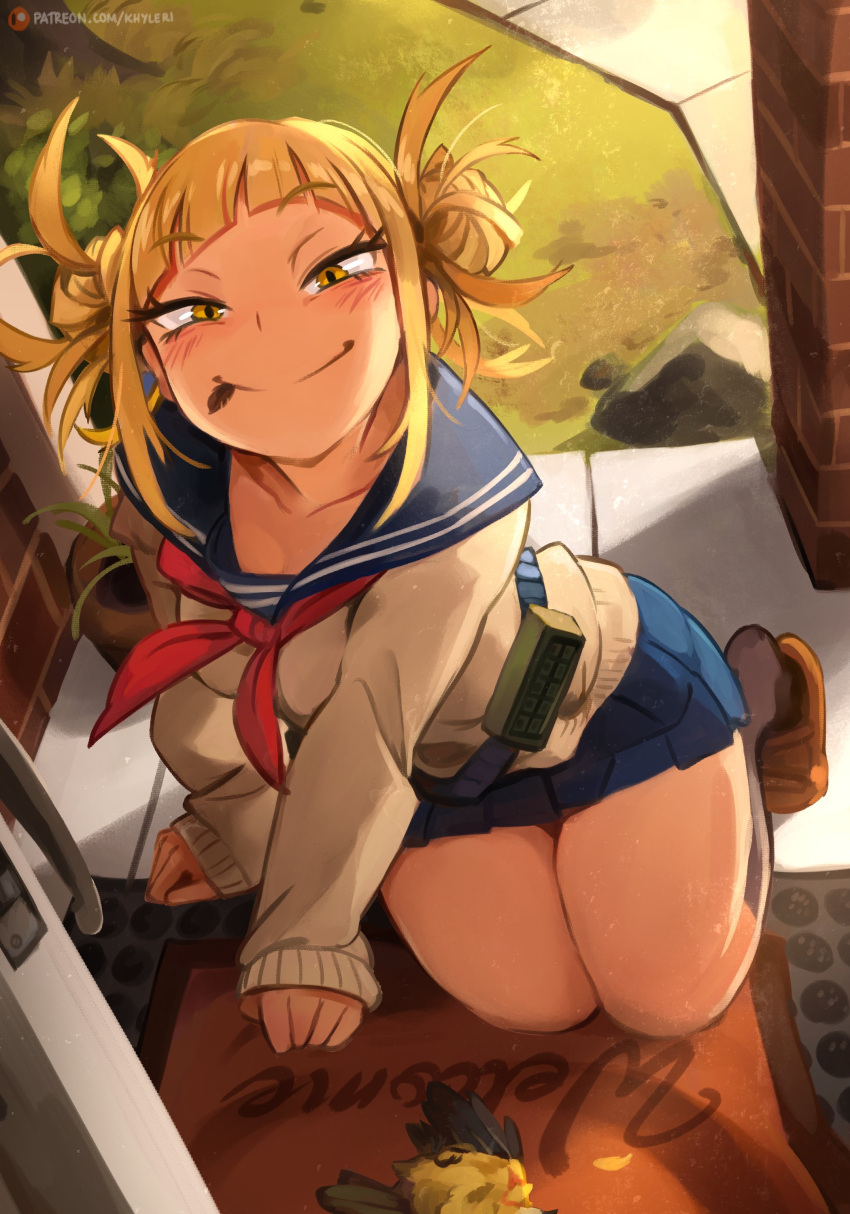 1girl, absurdres, all_fours, bangs, bird, black_legwear, blonde_hair, blue_sailor_collar, blunt_bangs, blush, boku_no_hero_academia, brown_footwear, cardigan, clenched_hands, commentary, door, doormat, doorway, double_bun, english_commentary, eyebrows_visible_through_hair, eyelashes, feathers, from_above, grass, grin, highres, khyle., loafers, long_sleeves, looking_at_viewer, looking_up, mouth_hold, neckerchief, path, plant, potted_plant, red_neckwear, sailor_collar, shoes, sidewalk, sleeves_past_wrists, smile, solo, toga_himiko, yellow_cardigan, yellow_eyes