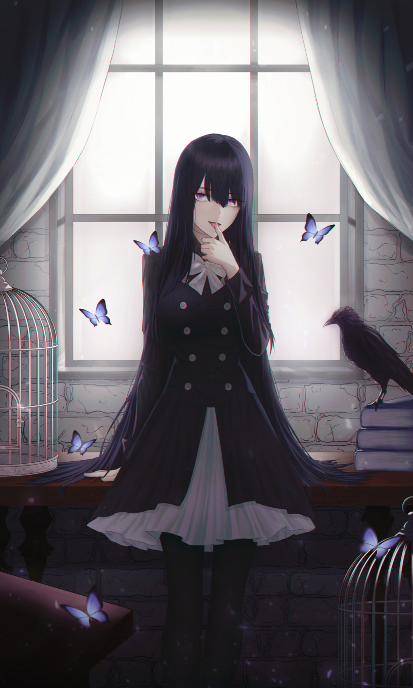 1girl, :p, absurdres, bangs, bird, birdcage, black_hair, black_legwear