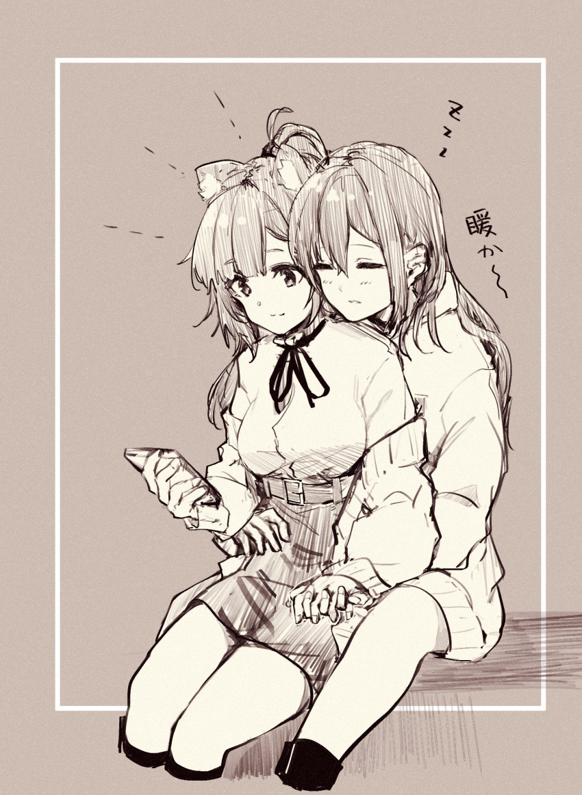 2girls, bangs, cellphone, character_request, closed_eyes, closed_mouth, commentary_request, eyebrows_visible_through_hair