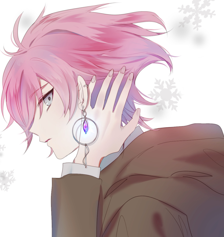 1boy, brown_shirt, dear_vocalist, ear_piercing, earrings, facing_to_the_side, grey_hair, highres