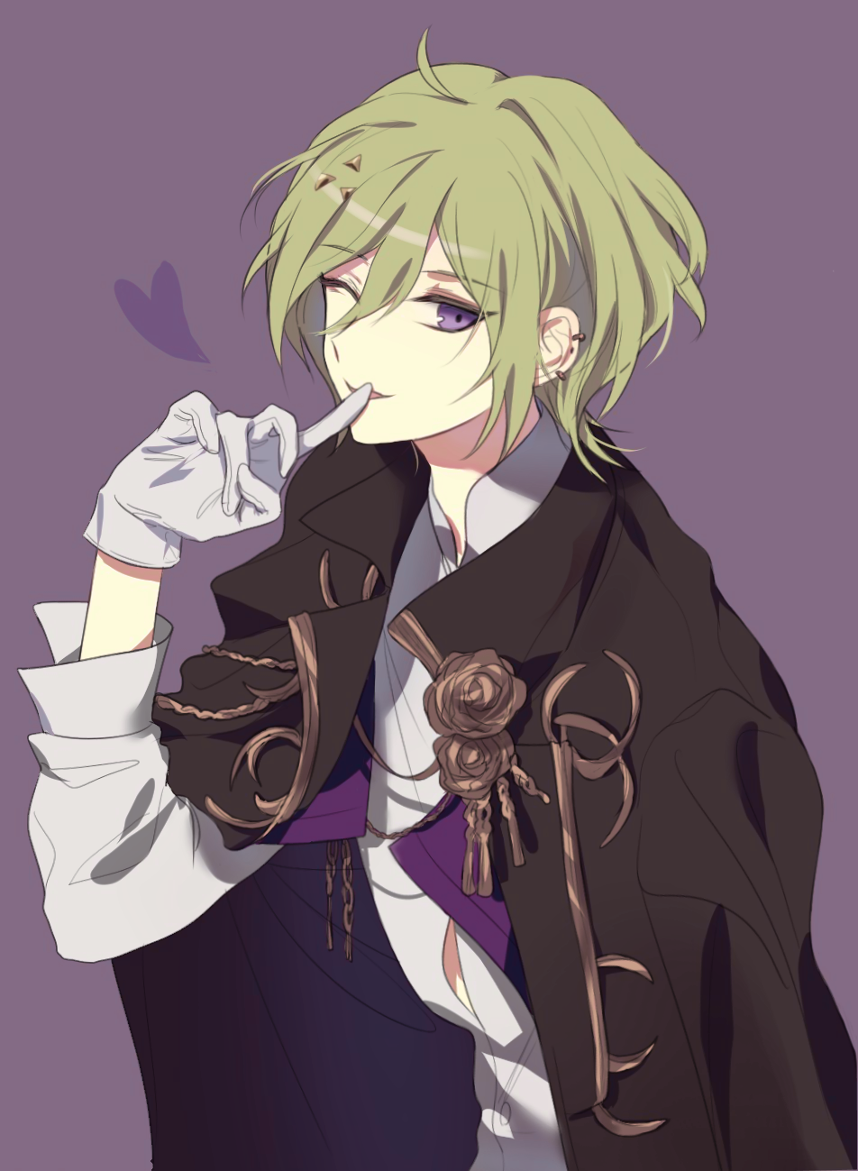 1boy, black_coat, coat, coat_on_shoulders, dear_vocalist, ear_piercing, finger_to_mouth, gloves