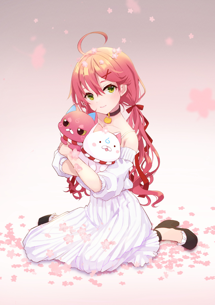 1girl, 35p_(sakura_miko), ahoge, animal, animal_hug, bangs, black_collar, black_footwear