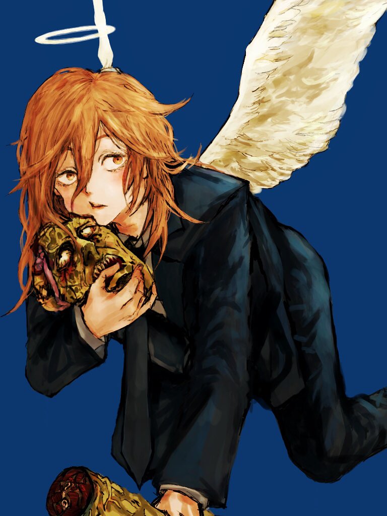1boy, angel, angel_devil_(chainsaw_man), angel_wings, black_jacket, black_necktie, blonde_hair, business_suit