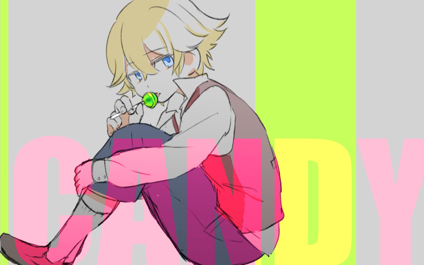 1boy, asuma_kanau, black_legwear, blonde_hair, blue_eyes, brown_vest, candy, end_roll
