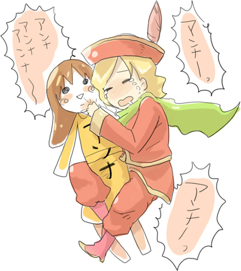anna_(ff4), blonde_hair, brown_hair, crying, doll, dress, female, final_fantasy