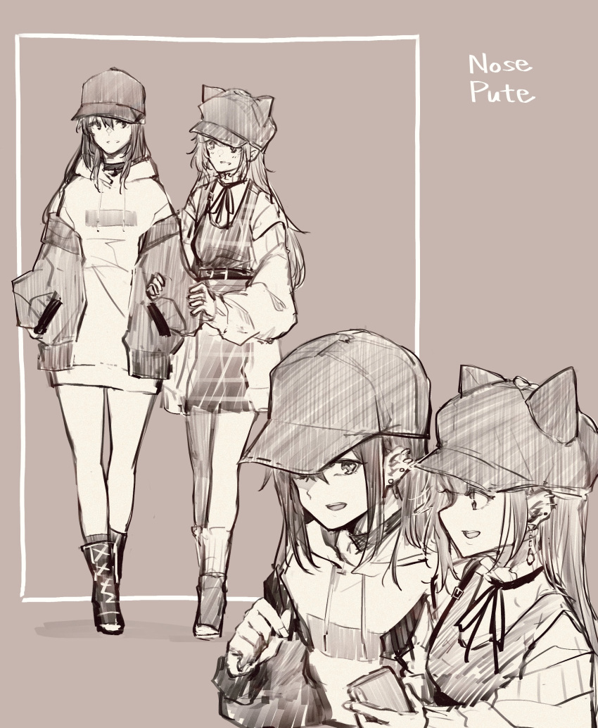2girls, absurdres, animal_ear_headwear, baseball_cap, boots, commentary_request, drawstring, ear_piercing