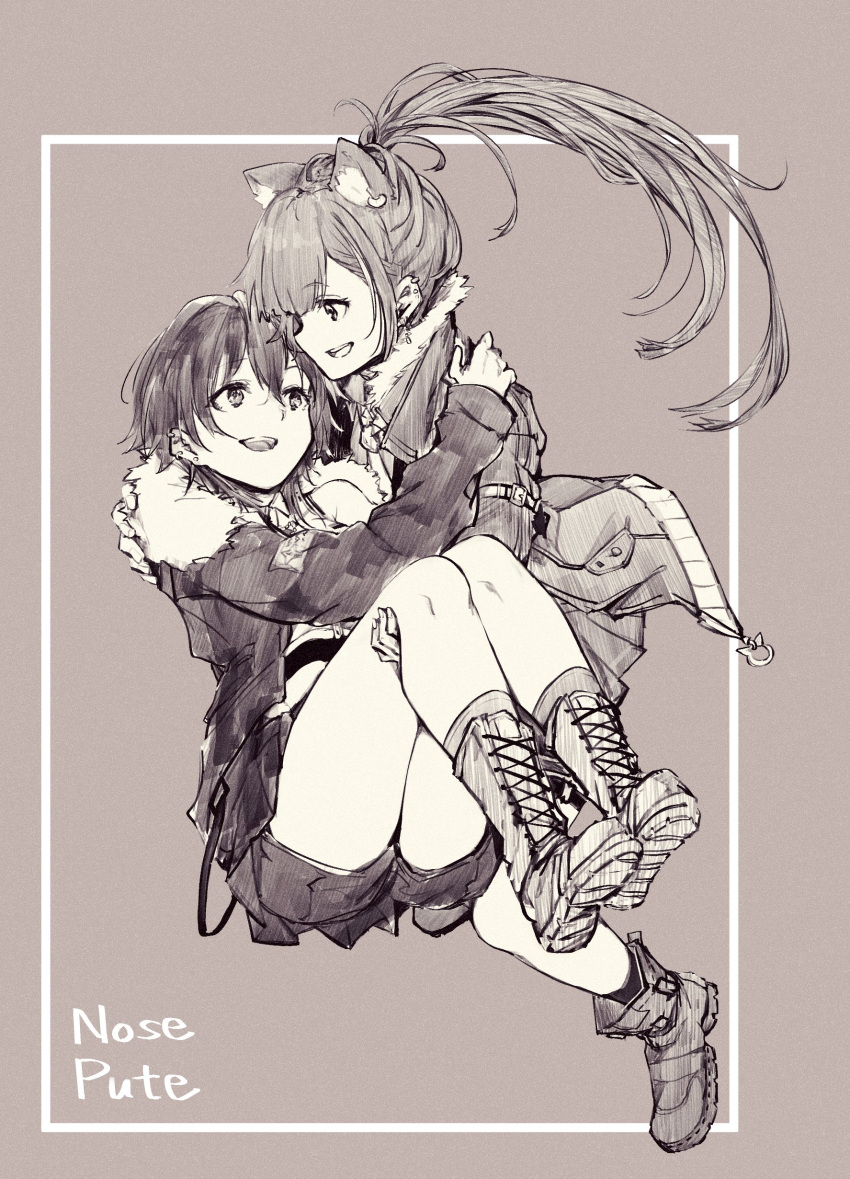 2girls, absurdres, animal_ears, arms_around_neck, bare_legs, boots, carrying, cat_ears