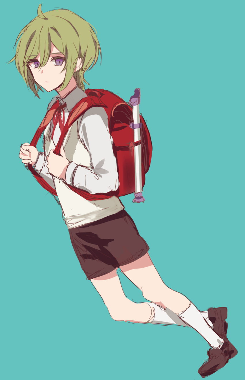 1boy, absurdres, backpack, bag, blue_background, brown_footwear, brown_shirt, dear_vocalist