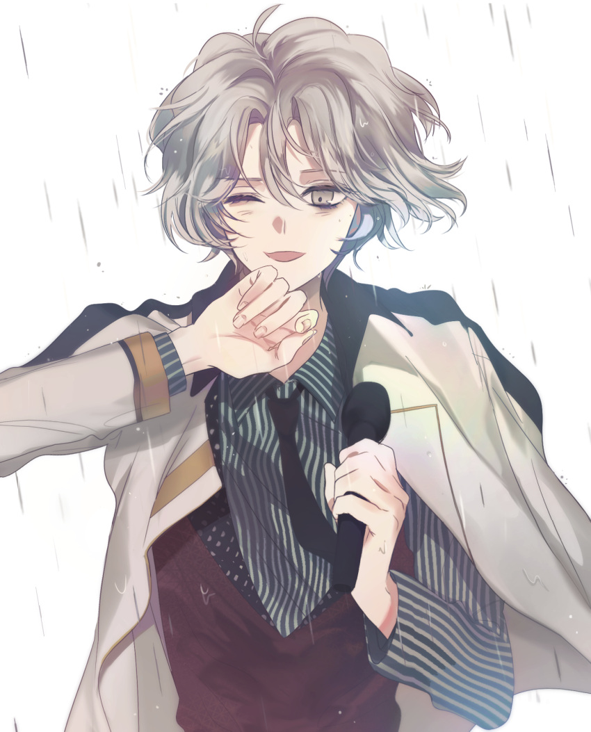 1boy, dear_vocalist, grey_eyes, grey_hair, highres, holding, holding_microphone, idol
