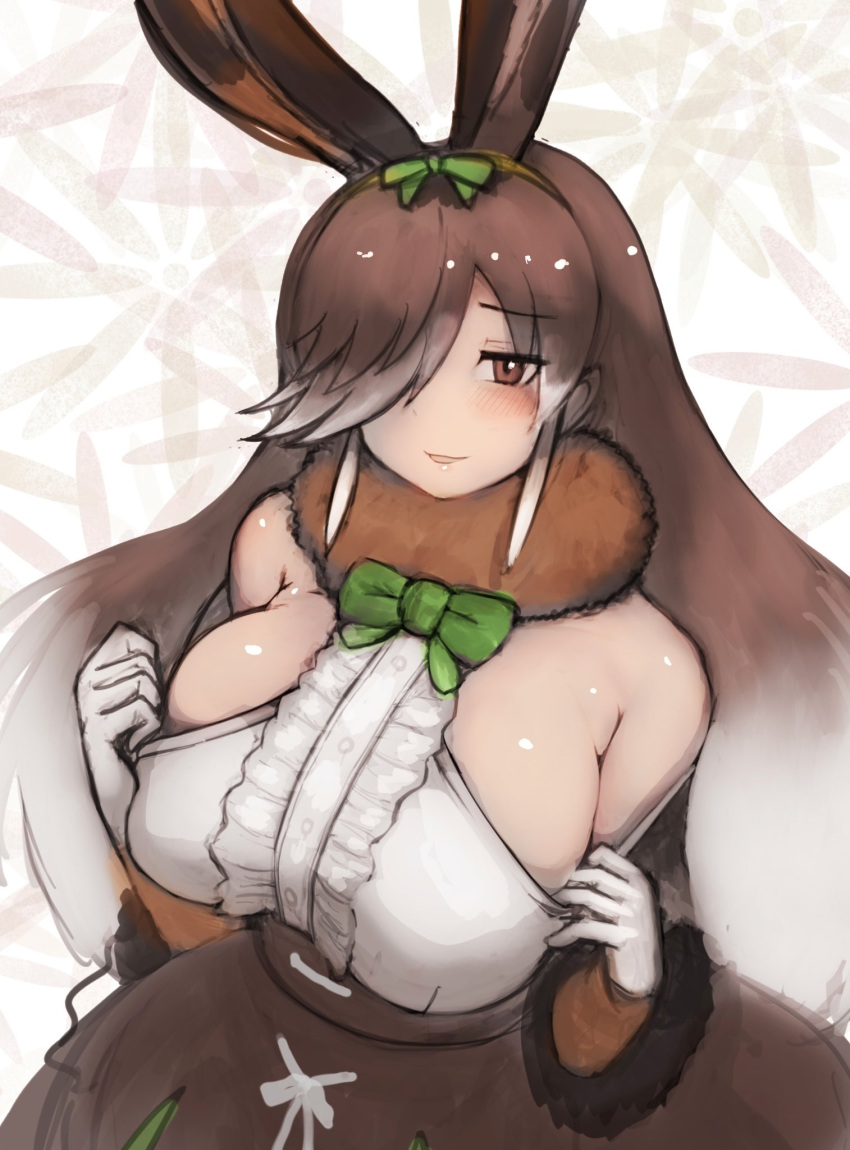 1girl, alternate_breast_size, animal_ears, bangs, bare_shoulders, blush, bow, bowtie