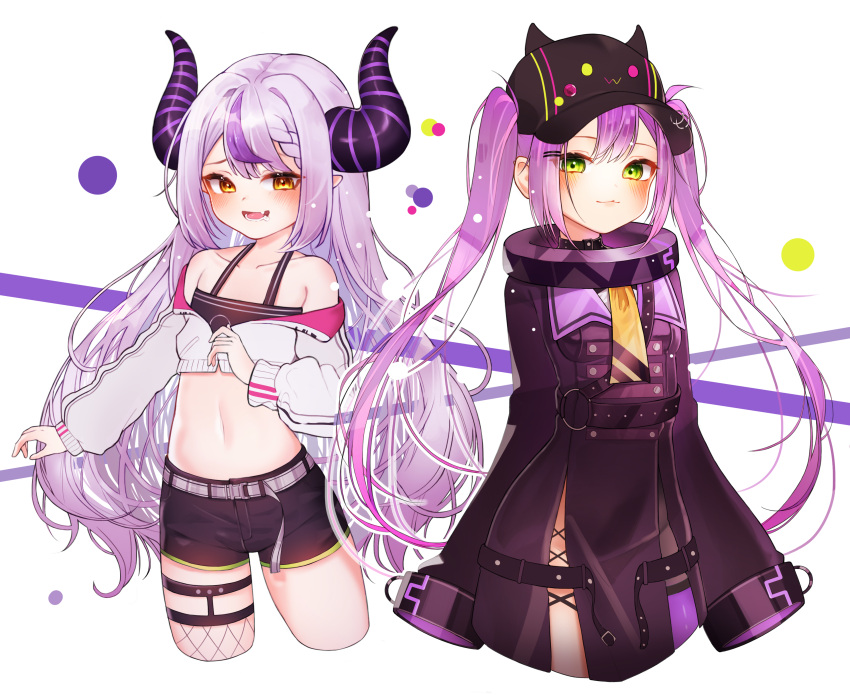2girls, :d, absurdres, ascot, bangs, bare_shoulders, baseball_cap, bibi_(tokoyami_towa)