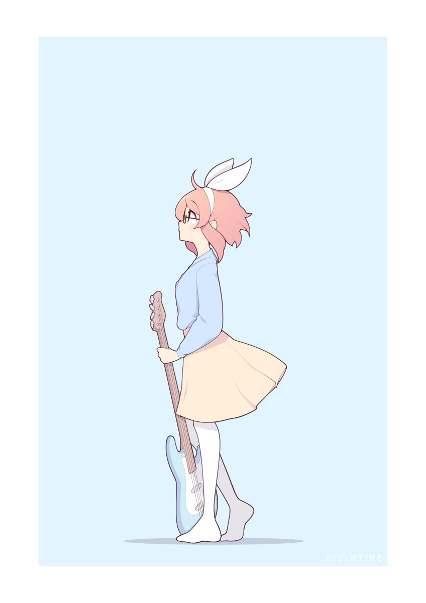 1girl, absurdres, blue_background, blue_shirt, commentary, english_commentary, fizintine, from_side