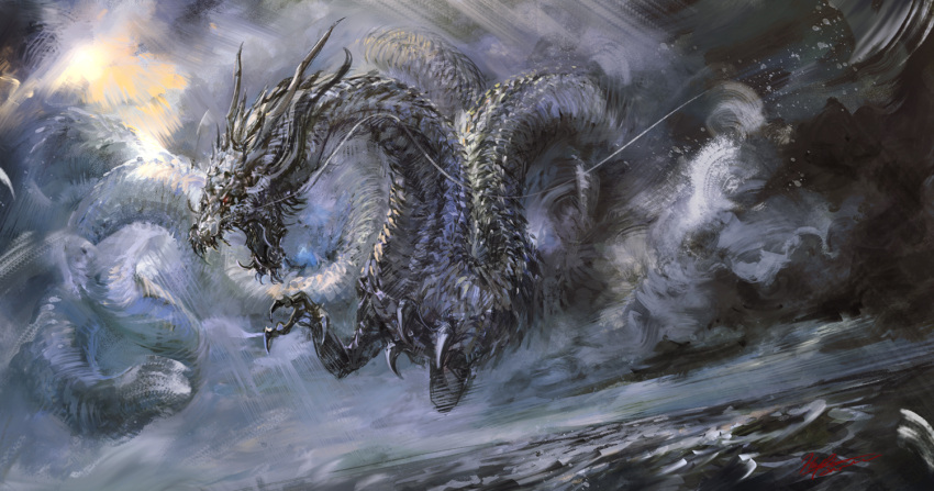 claws, clouds, cloudy_sky, commentary_request, creature, dragon, dragon_tail, dragon_wings, eastern_dragon, fantasy, flying, hayaken_sarena, monster, no_humans, ocean, open_mouth, original, outdoors, rain, scales, sky, storm, tail, water, wind, wings
