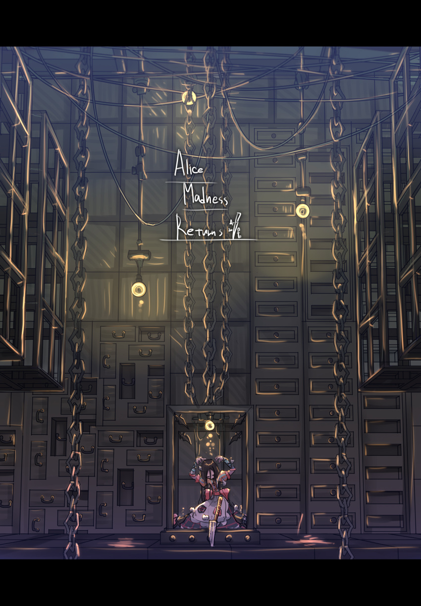 1girl, absurdres, alice:_madness_returns, alice_(alice_in_wonderland), american_mcgee's_alice, apron, bdsm, black_hair, bondage, bound, chain, closed_eyes, copyright_name, drawer, dress, enothela, highres, knife, long_hair, solo, weapon