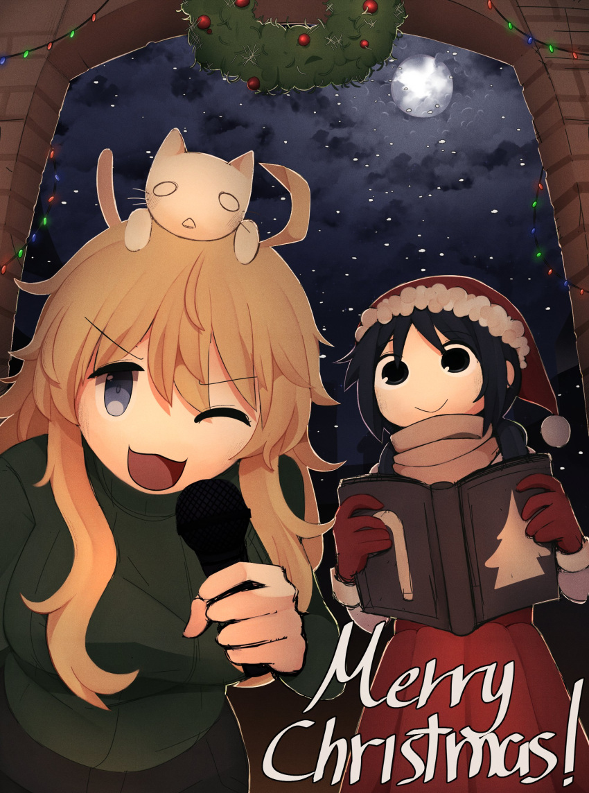 2girls, :>, :3, absurdres, ahoge, alternate_costume, black_eyes, black_hair