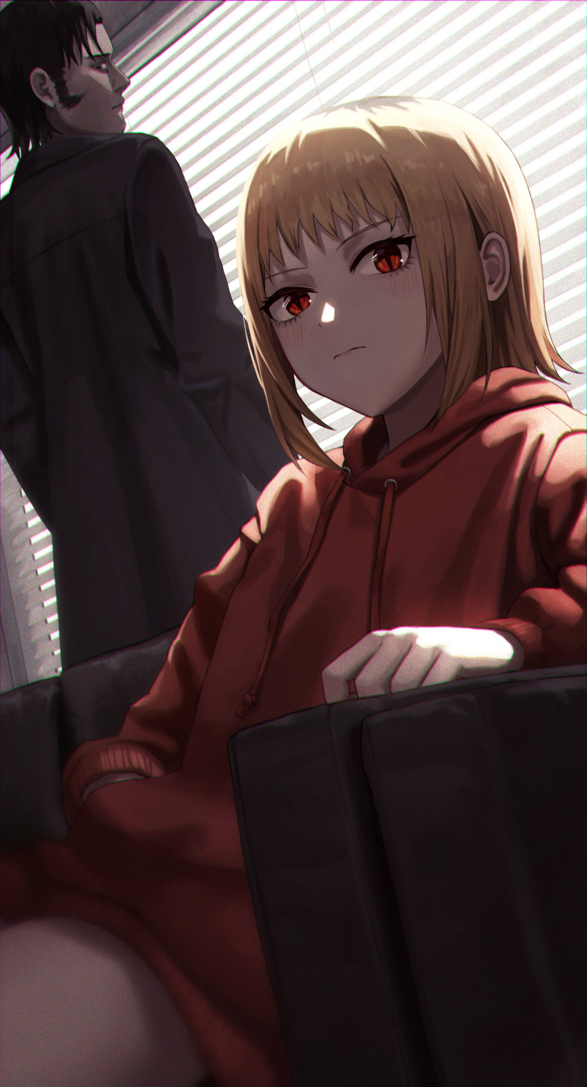 1boy, 1girl, absurdres, akane_sawatari_(chainsaw_man), bangs, black_coat, blinds, blonde_hair