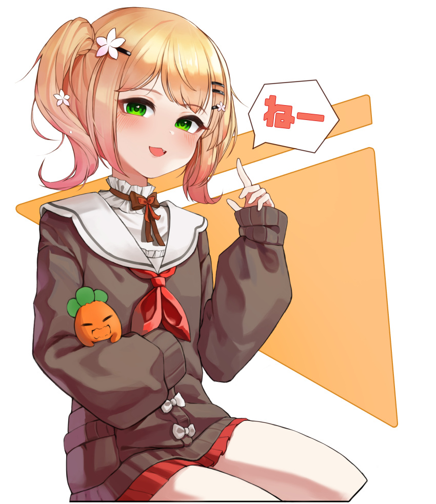 1girl, :d, absurdres, bangs, blonde_hair, blush, brown_sweater, chessy, eyebrows_visible_through_hair, flower, gradient_hair, green_eyes, hair_flower, hair_ornament, hairclip, hand_up, highres, hololive, long_sleeves, looking_at_viewer, medium_hair, miniskirt, momosuzu_nene, multicolored_hair, neckerchief, nekko_(momosuzu_nene), pink_hair, red_neckerchief, red_skirt, school_uniform, skirt, sleeves_past_wrists, smile, solo, sweater, translation_request, twintails, virtual_youtuber