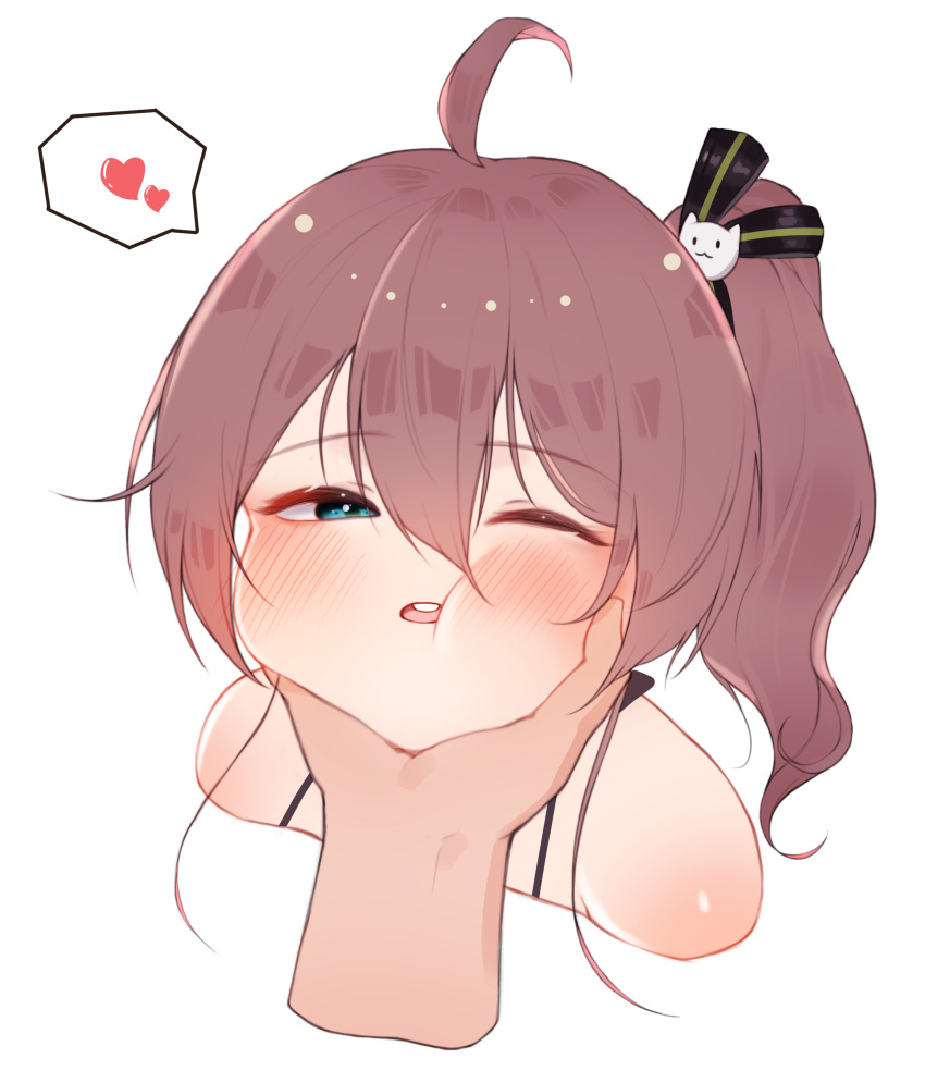 1girl, absurdres, ahoge, bangs, blue_eyes, blush, brown_hair, cat_hair_ornament