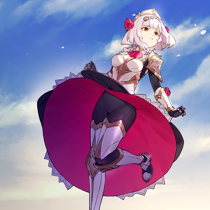 1girl, absurdres, ascot, black_bodysuit, black_gloves, blue_sky, bodysuit, boobplate, braid, breasts, brown_eyes, clouds, commentary_request, crown_braid, day, flower, genshin_impact, gloves, hair_flower, hair_ornament, highres, leg_armor, linpiu, medium_breasts, medium_hair, noelle_(genshin_impact), outdoors, parted_lips, pink_ascot, pink_flower, pink_rose, red_skirt, rose, skirt, sky, smile, solo, standing, standing_on_one_leg, upskirt, vambraces, white_hair, white_headwear, wind, wind_lift