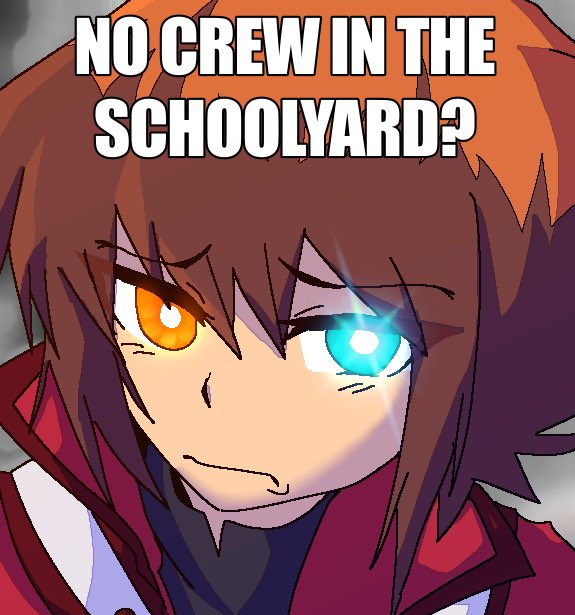 1boy, 4kids, black_shirt, coat, furrowed_brow, glowing, glowing_eye, glowing_eyes, gomiisan, head_tilt, heterochromia, male_focus, meme, multicolored_eyes, no_bitches?_(meme), pout, pouty_lips, red_coat, shirt, yu-gi-oh!, yu-gi-oh!_gx, yuuki_juudai