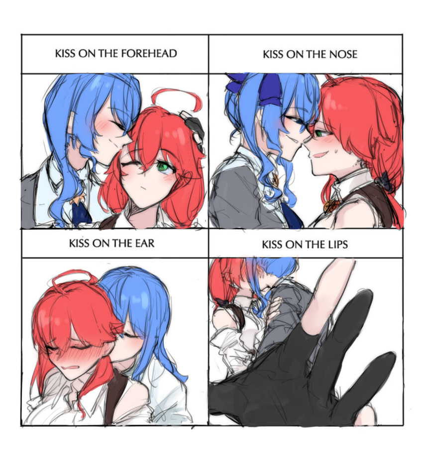 2girls, bare_shoulders, black_gloves, blue_hair, closed_eyes, dumd, english_text, facing_another