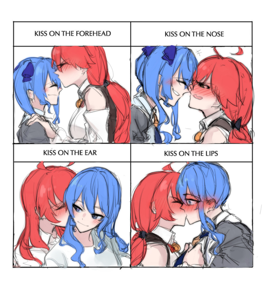 +++, 2girls, bare_shoulders, blue_eyes, blue_hair, closed_eyes, dumd, english_text