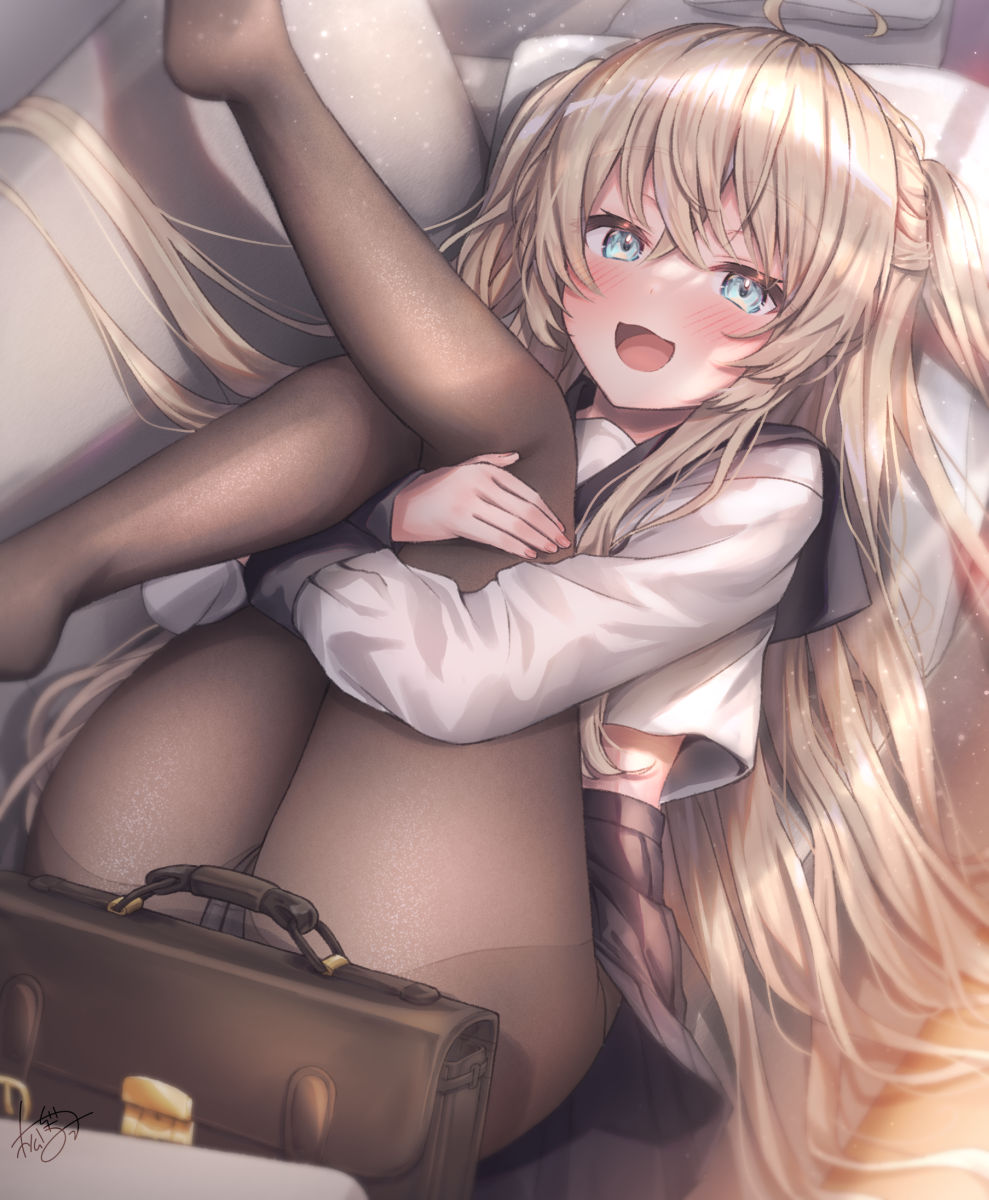 1girl, :d, bag, bangs, black_legwear, black_sailor_collar, black_skirt, blonde_hair
