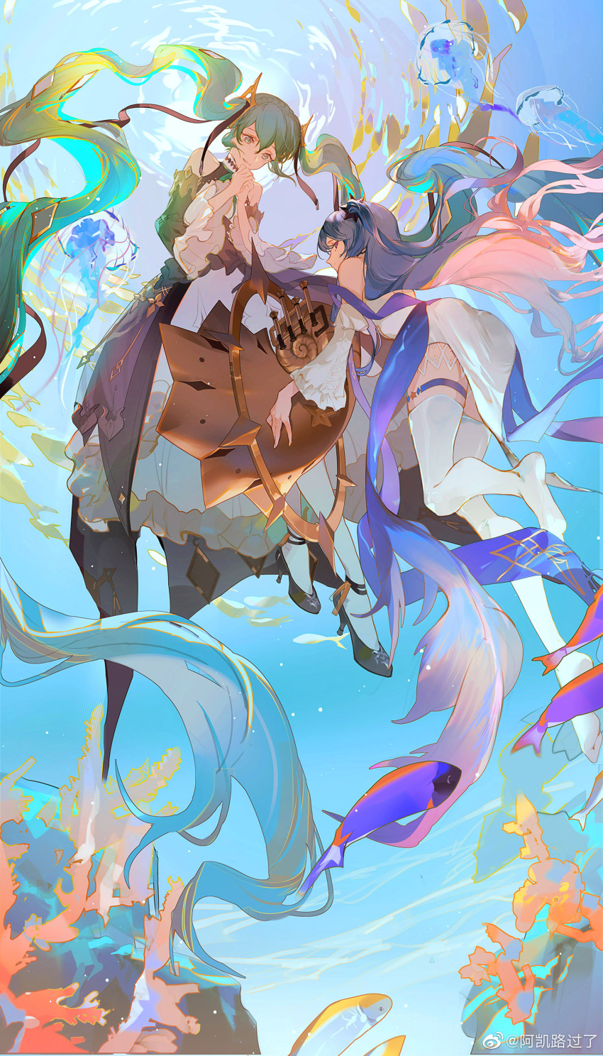 2girls, absurdly_long_hair, absurdres, aqua_hair, artist_request, bangs, black_dress, black_footwear