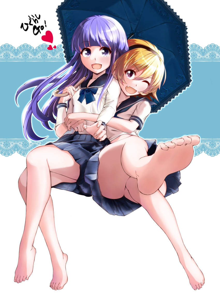 2girls, :d, arms_around_waist, bangs, bare_legs, barefoot, black_hairband, black_sailor_collar