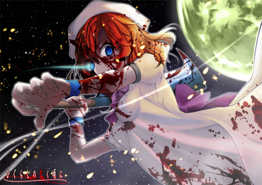 1girl, axe, back_bow, bangs, blood, blood_in_hair, blood_on_clothes, blood_on_face