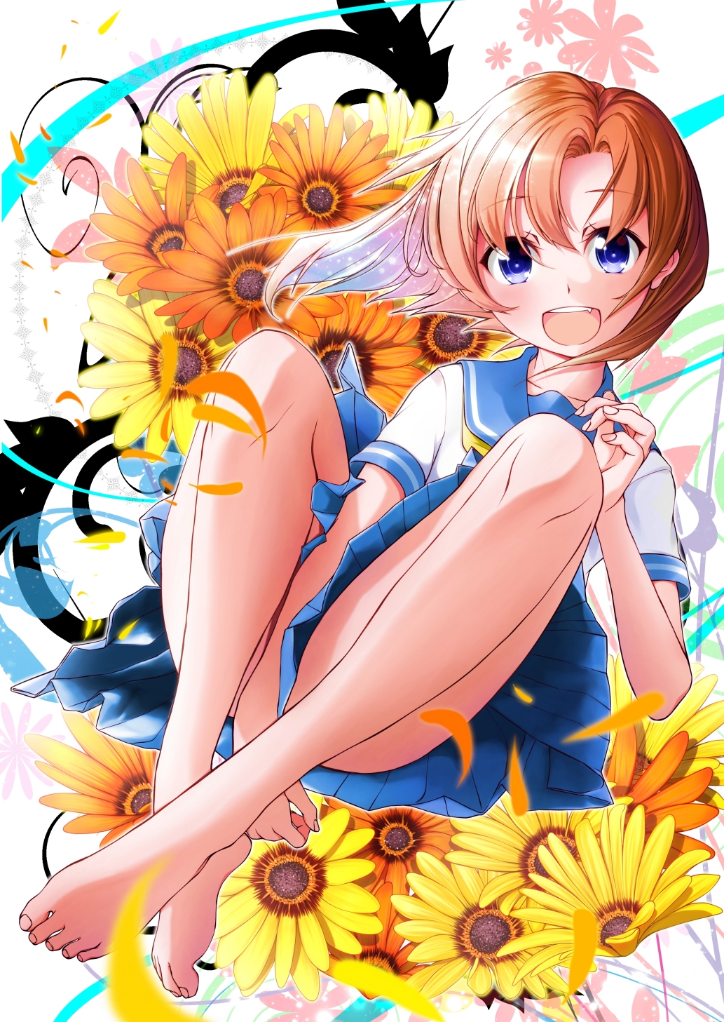 1girl, :d, bangs, bare_legs, barefoot, between_legs, blue_eyes, blue_sailor_collar