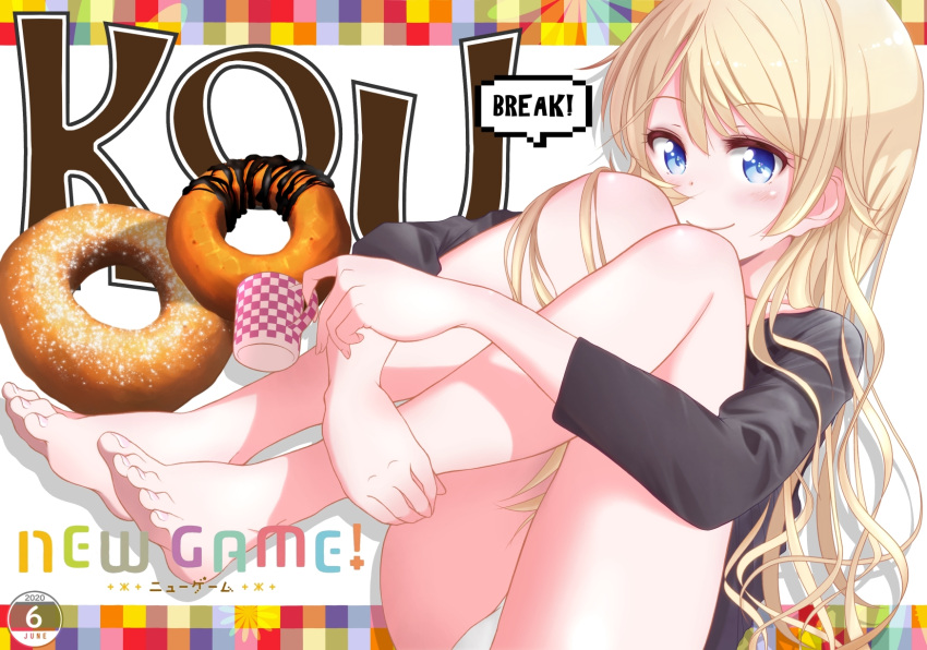 1girl, 2020, bangs, bare_legs, barefoot, blonde_hair, blue_eyes, checkered