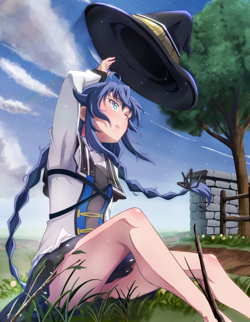 1girl, absurdres, bare_legs, black_headwear, black_ribbon, black_skirt, blue_hair, blue_sky