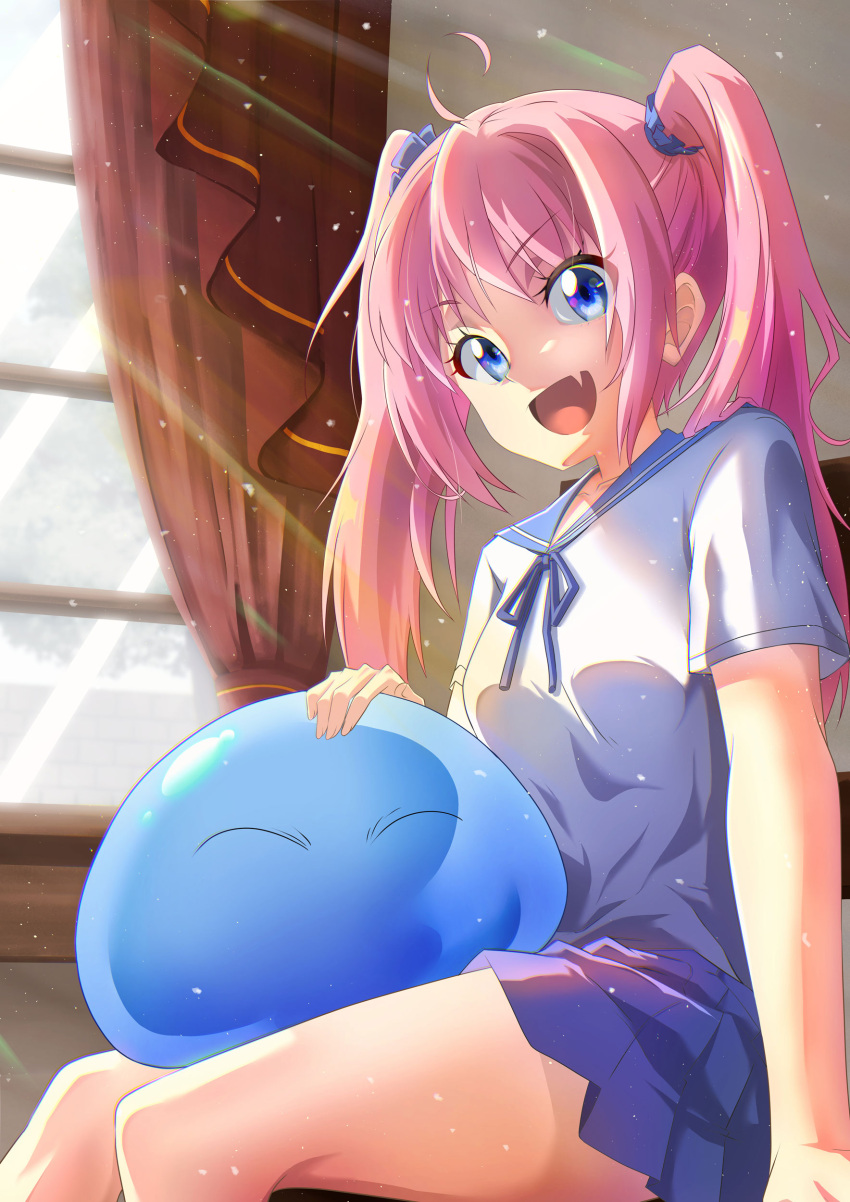 1girl, :d, absurdres, bangs, bare_legs, blue_eyes, blue_ribbon, blue_sailor_collar