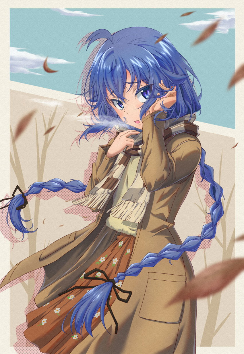 1girl, ahoge, bangs, blue_eyes, blue_hair, blurry, blurry_foreground, braid