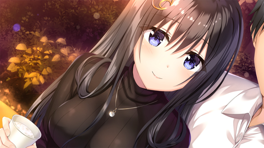 1boy, 1girl, aikotoba, bangs, black_hair, breasts, closed_mouth, collared_shirt