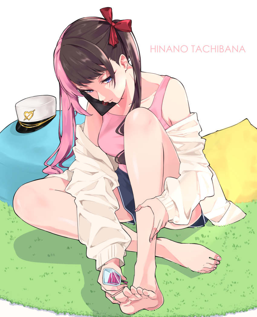1girl, bangs, bare_legs, bare_shoulders, barefoot, black_hair, blue_eyes, blue_shorts