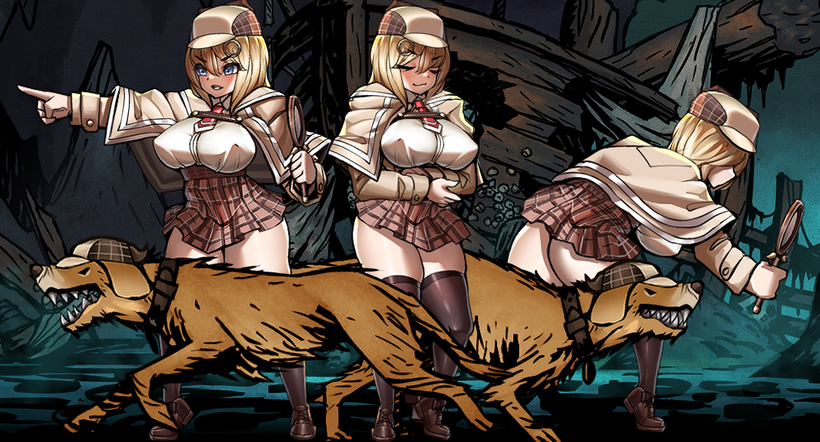bangs, blonde_hair, blue_eyes, breasts, bubba_(watson_amelia), capelet, darkest_dungeon, deerstalker