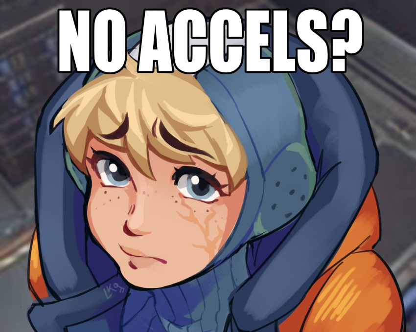 1girl, apex_legends, bangs, blonde_hair, blue_eyes, blue_headwear, bodysuit, english_text
