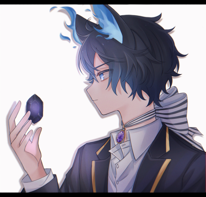 1boy, animal_ears, black_gemstone, black_hair, blue_eyes, blue_hair, cat_boy, cat_ears, facing_to_the_side, fiery_hair, floating, gem, grim_(twisted_wonderland), highres, looking_to_the_side, multicolored_hair, nana_(eegm4275), pale_skin, personification, school_uniform, twisted_wonderland, white_background