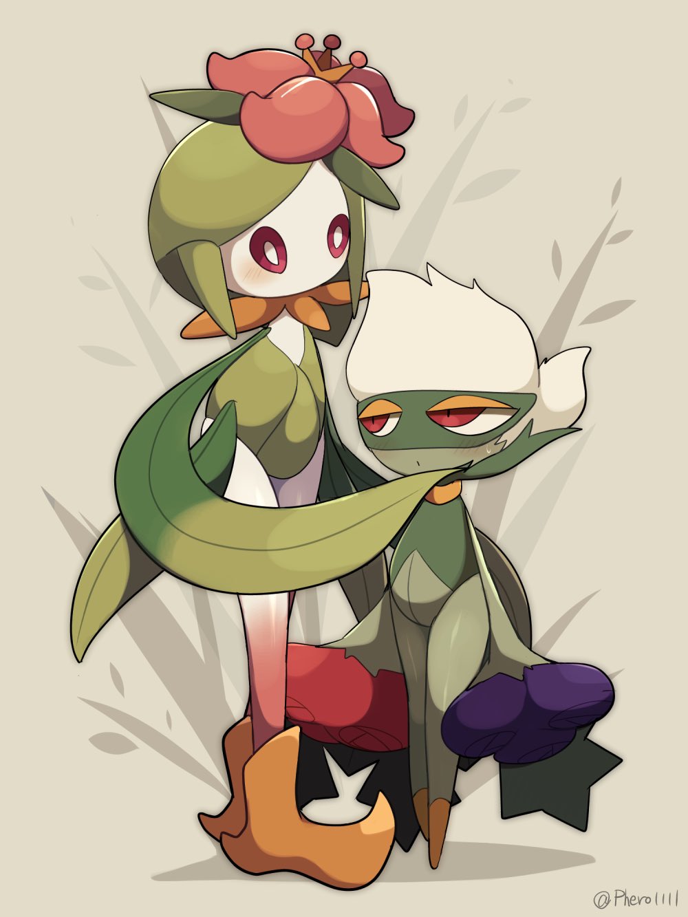 a-nya, blush, eye_contact, flower, gen_4_pokemon, gen_8_pokemon, grey_background, hand_on_own_face